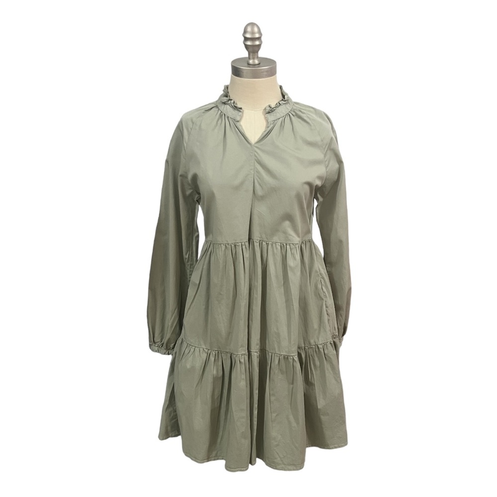 Sundry Tiered Panel Dress Eucalyptus Size 0 Long Sleeves V Neck - Picture 2 of 11